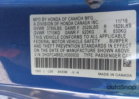 2020 Honda Civic Sport из США, поврежденный, VIN 2HGFC4B82LH300930